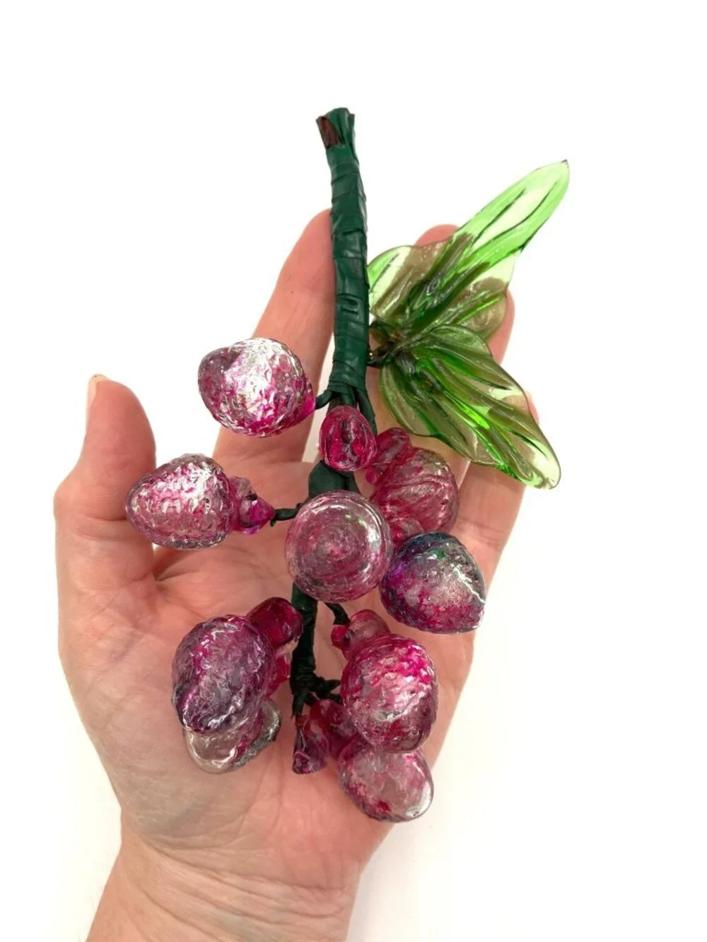 Vintage Handblown Glass Grape Cluster With Green Leaves Pink & Clear Decorative